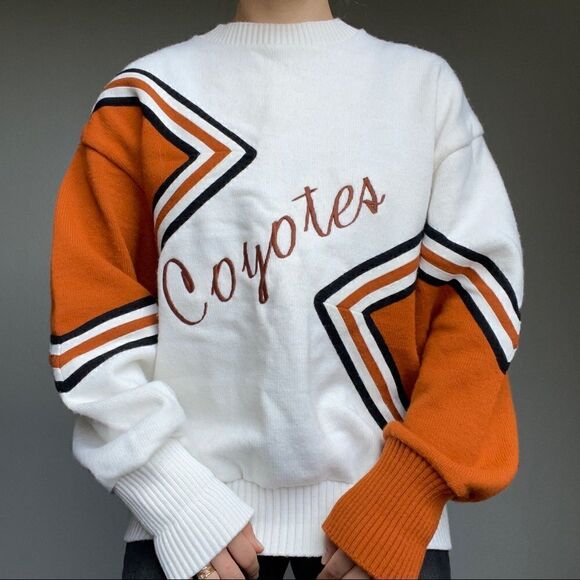 Vintage 80s Varsity Orange White Geometric Preppy School Oversized Sweatshirt L - Picture 1 of 11
